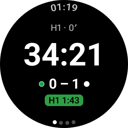 The timing page on a Wear OS watch: the half, the clock counting down, the score, and a suspension with 1:43 left